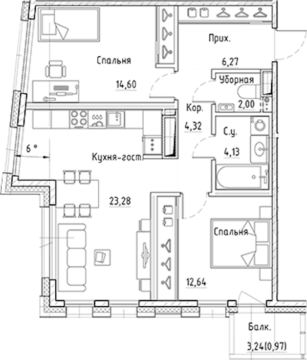 2-комнатная квартира 67.24 м², 8/10 эт., ЖК «LEGENDA Лисичанская 22»